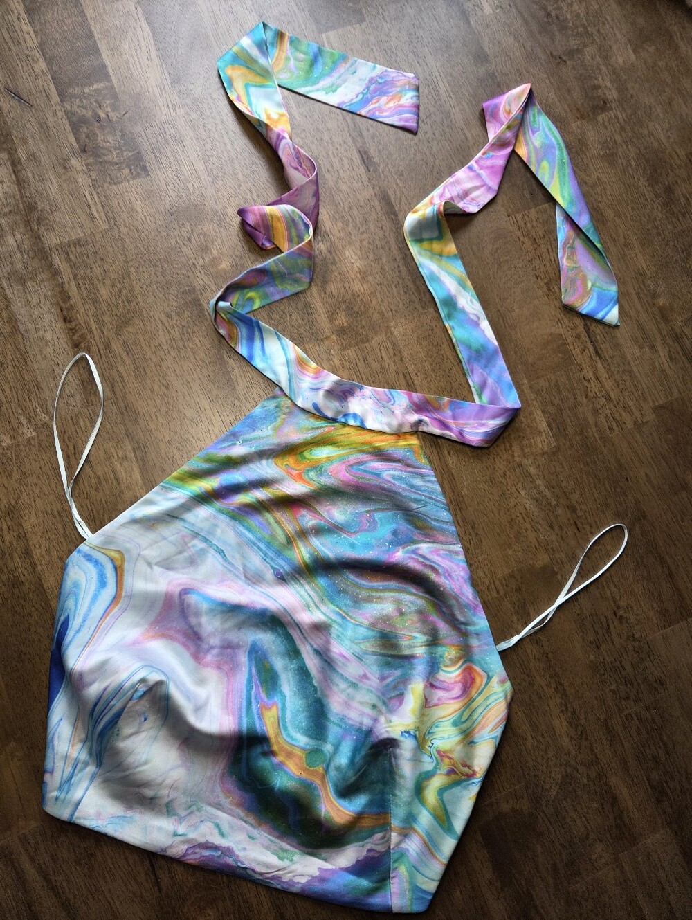 Satin Sheen Smock Back Halter Multicolor Opal Print Crop Top